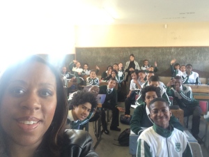 selfie with learners in Afrikaans class @ Heathfield High